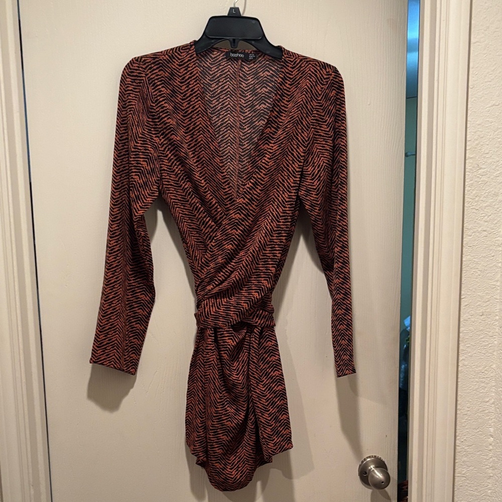 Boohoo Black and Orange Long Sleeve Wrap Dress